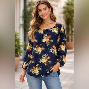 American City Wear Floral Blouse - Navy and Orange